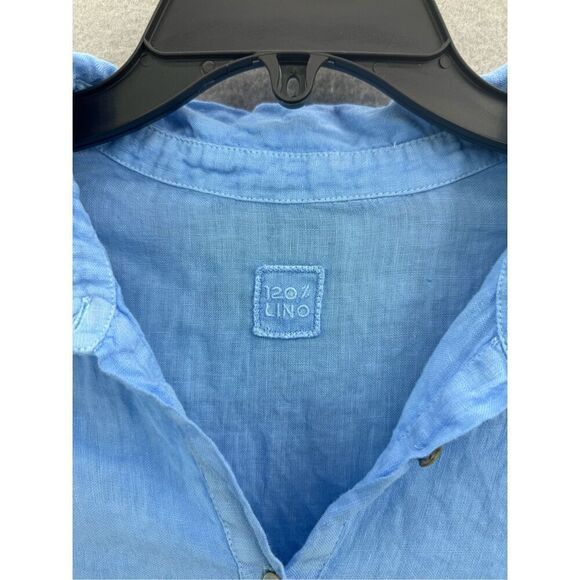 120% Lino Womens Blue Linen Flutter Eyelet Tiered Button Down Midi Dress Size 44 - Picture 8 of 11